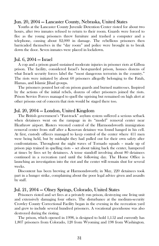 Jun. 20, 2004 — Lancaster County, Nebraska, United States  Youhs at the Lancaster County Juvenile Detention Cener rioted for about two Hours,after to inmates refused o retunn to their room. Guards were foreed to flee as the young prisoners threw faniture and uashed @ computer and 2 telephone, causing about $2000 in damage. The rebellious prioners then barricaded themselves in the “day room” and police were brough in to break down the door. Seven inates were placed in lockdown,  Jul. 6, 2004 — Tsracl A cop and a prison gu i prisonc prison. The fily, considered Isracl’s besiguarded prison, houses dozens wha Tsacl security forces label the “most dangerous terrorits in the country e viots were initated by about 60 prisoners allgedly belonging to the Fatah, famnas, and Iskamic Jihad groups. The prisoners poured hot il on prison by the actions of the in Prison  sard sustained moderate in  W burned mattresses. Inspired sebels, dozens of other prisoners joined the s nvice Forces managed 0 quell the uprising but remained on high alert at other prisons out of concern that riots would be staged there oo,  Jul. 20, 2004 — London, United Kingdom “The Brish sovernment’s “Fasetrack” asyhum system sulfered a seious setback when detinees went on the tampage i its “model dheow airport, Rioters wiesied control of the Harmondsworth inm cener from sl afer a Kosovan dei snged in his ccll . custody offcers managed to keep contrl of the center where 411 men were being held, but by midight they had pulled ou for their own safty ons. Throughout the night waves of Tornado squads - made up of i piss traned in quelling iots - set about taking back the center, hampered imes by fires set by detinees. A tense standofT involving about 80 detainces continued in a recreation yard il the Following day. The Home Office is I et  removal center ne:  ince was found |  fer  it the riot and the center will emain shut for several  Discontent has been brewing ar Harmondsworths in May, 220 detainees 100k ahunger stike, complaining about the poor legal advice gives  W assauls  Jul. 21, 2004 — Olney Springs, Colorado, United States Prisoners rioted privately run prison, destroying one |  extensively damasing four ofhers. The disturbance at the medium-securit Crowley County Corectional Facility began in the cvening in the recr rd  grew to include seves ed prisoners. A vocational greenliouse was destroyed during the rioting “The prison, which opened in 1998, i designed to hold 1,132 and cureently his 1,807 prisoners from Colorado, 120 from Wyoming and 198 from Washington,  nd set fires &  Iy  31 